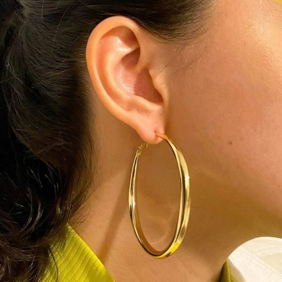 NEW 18K Gold Plated Chunky Big Circle Drop Hoop‎ Earrings 2 1/4” - Picture 7 of 10